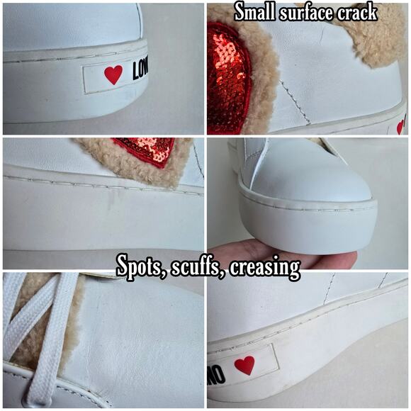 Love Moschino Sequin Heart Sneakers Size EU41 US 11 Shearling Trim White Leather - Picture 11 of 15